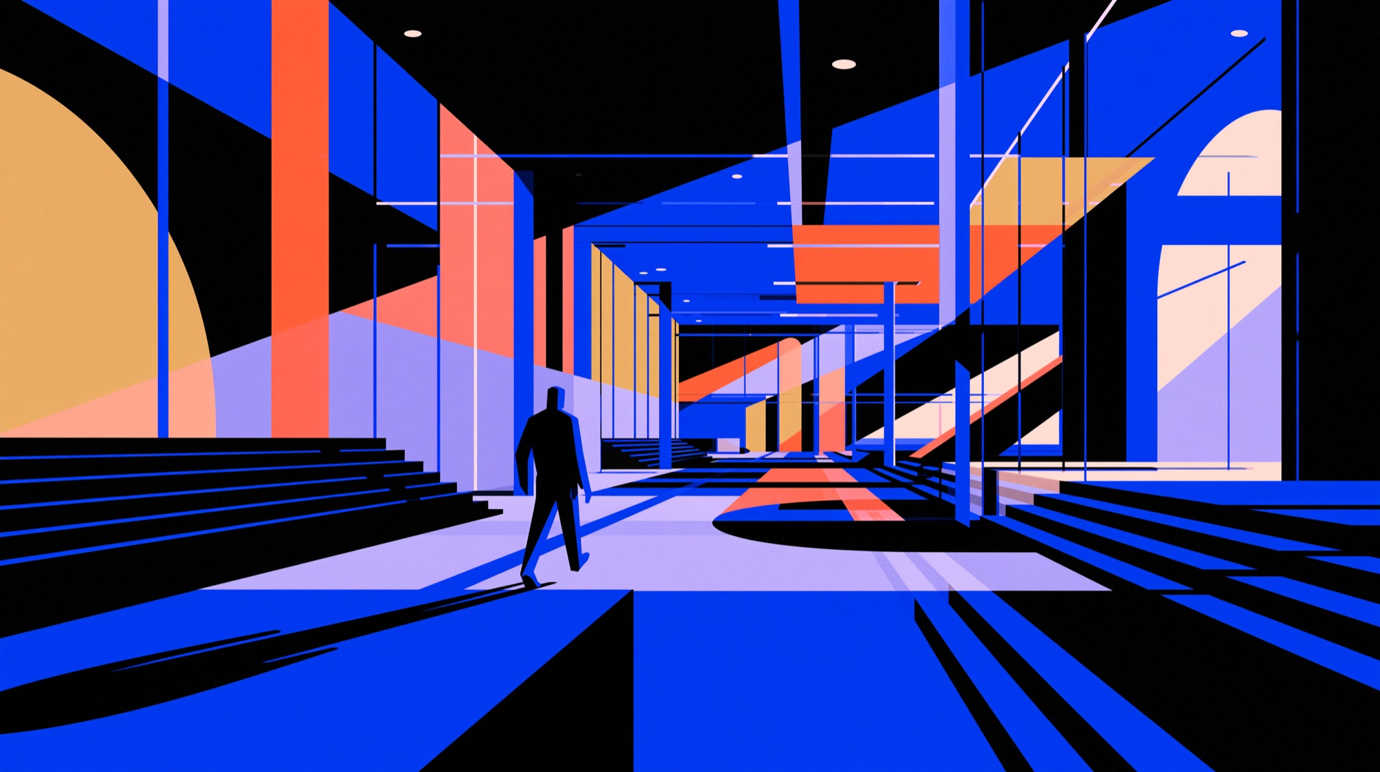 A figure walking through a modern architectural space